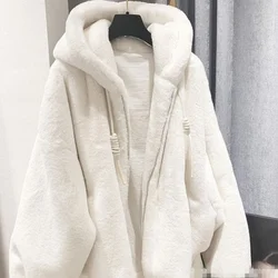 Winter White Oversized Faux Fur Jacket Women with Hood Raglan Sleeve Zipper Korean Fashion Clothing for Womens 2022