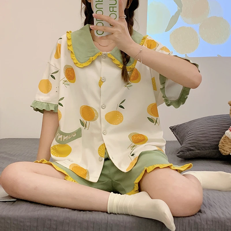 2024 Summer New Pajamas Ladies Knit Cotton Printed Short Sleeve Thin Shorts Casual Cute Girls Sweet Lapel Homewear 2 Piece Set