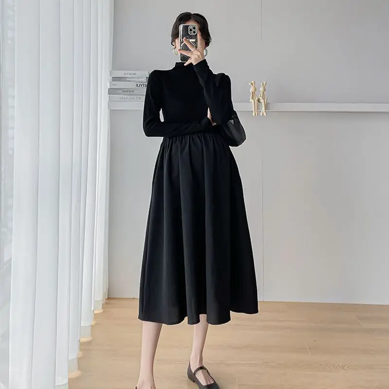 

Maternity Dress Autumn Clothes For Pregnant Women Lazy Soft Glutinous Cardigan Long Sweater + Thin Black Dress Pregnancy Dress
