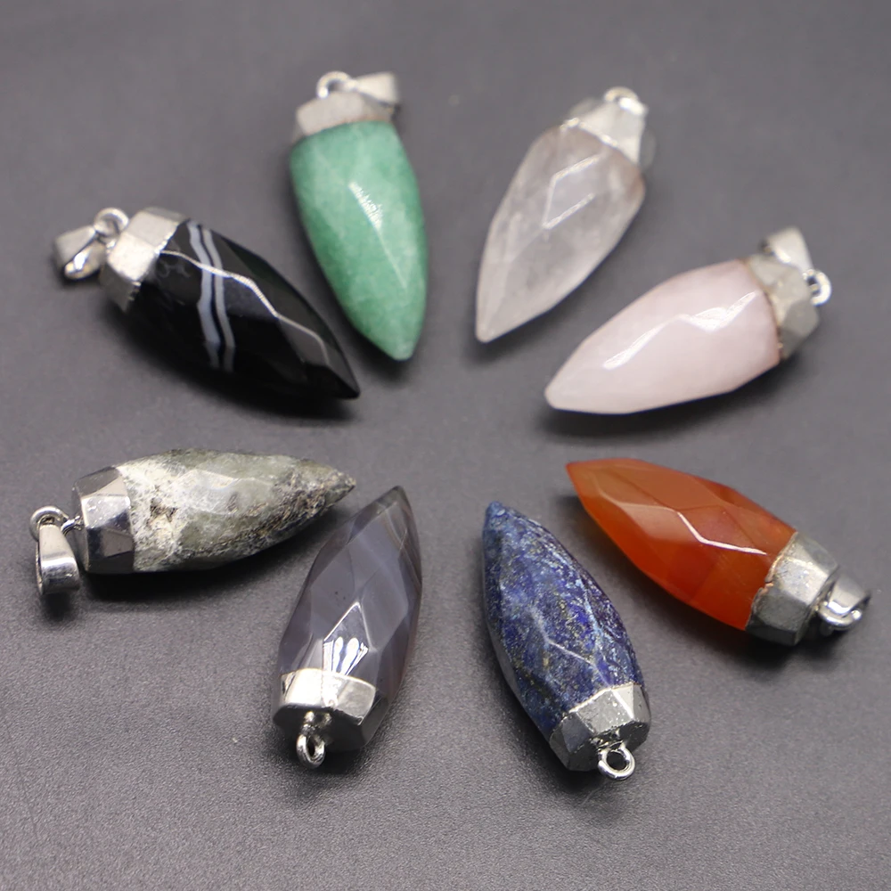 Natural Stone Silver Cone Healing Pendulum Faceted Pendant Crystal Grey Agate Onyx Necklace Reiki Charms DIY Jewelry Making 8PCS