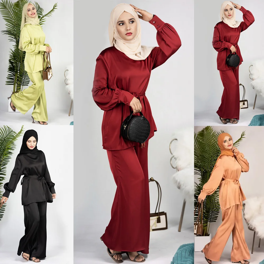 

Modest 2 Piece Fashion Muslim Sets Women Dress Long Sleeve Top Pant Casual Turkey Abaya Islam Outfits Dubai Eid Mubarak Clothing