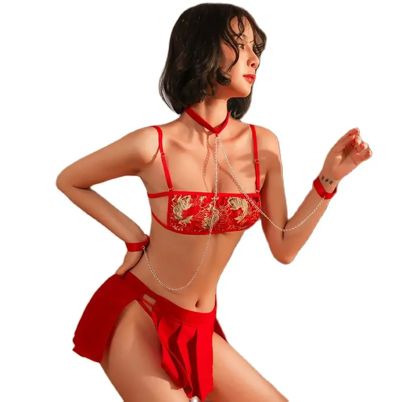 

Women's erotic lingerie red mesh apron sexy temptation nightdress chain bondage split suit
