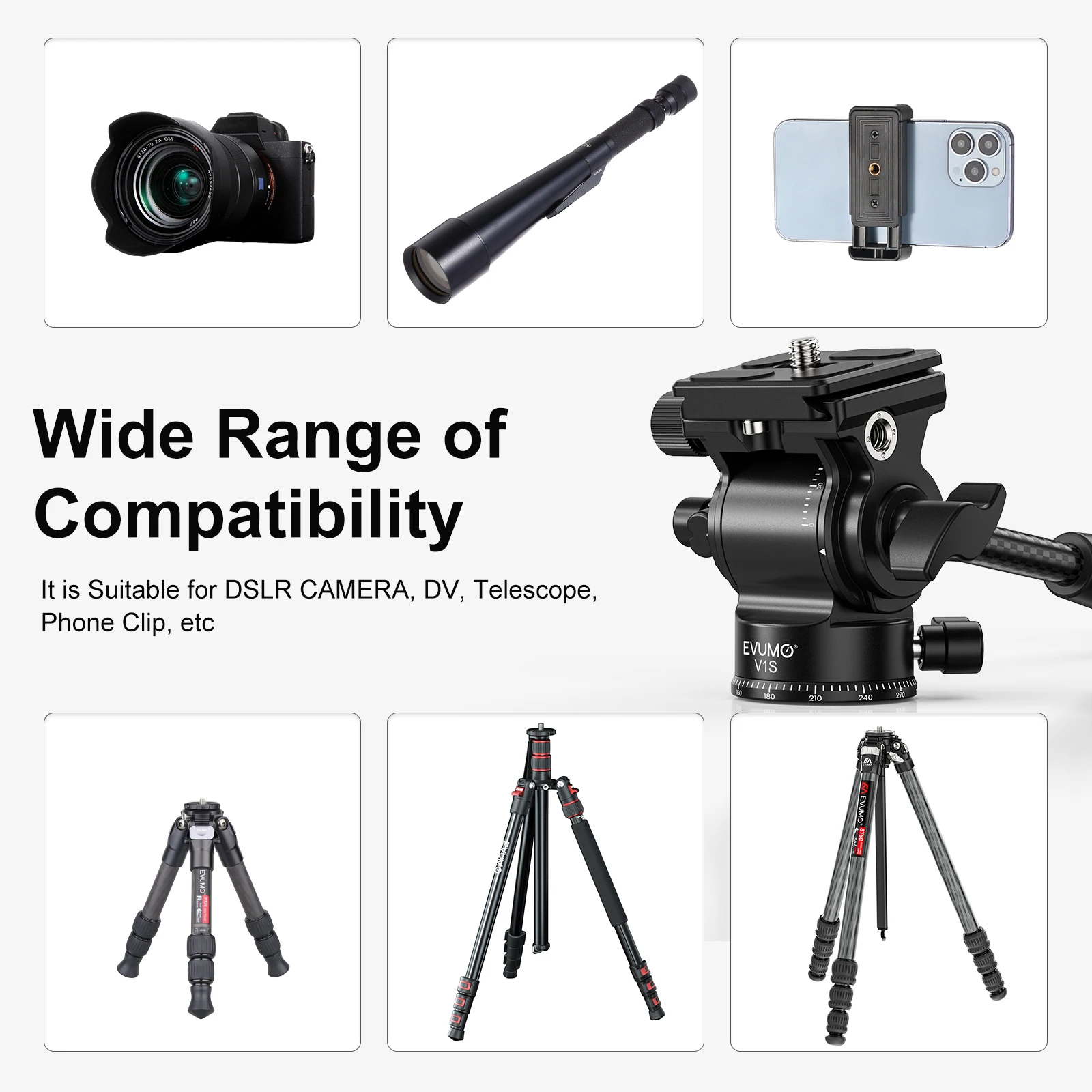 EVUMO V1S Mini Video Head Carbon Fiber Handle Hydraulic Tripod Head Arca Swiss Quick Release Plate for DSLR Camera 3kg Max Load