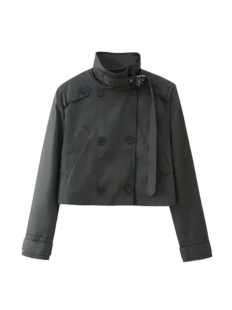 

HH TRAF Women Vintage Cropped Trench Jacket Autumn Fashion Stand Collar Outerwear Casual Double Breasted Long Sleeve Overcoat