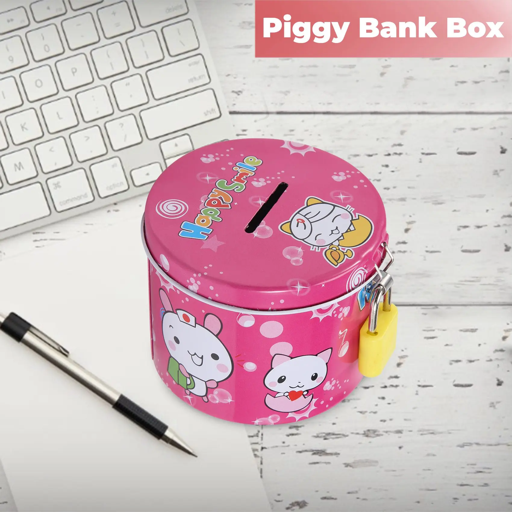 Cartoon Print Piggy Bank, Coin Money Saving Box with Padlock, Cylinder Design 5