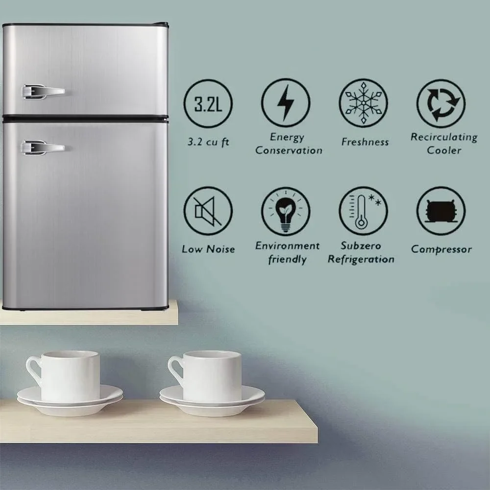 Mini refrigerator 3.2Cu Ft compact defrosting double door freezer for energy-saving storage of beverages vegetables and fruits
