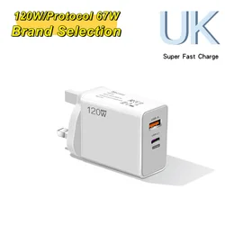 120W Type C USB Fast Charging Phone Power Adapter with Data Cable - UK Charger