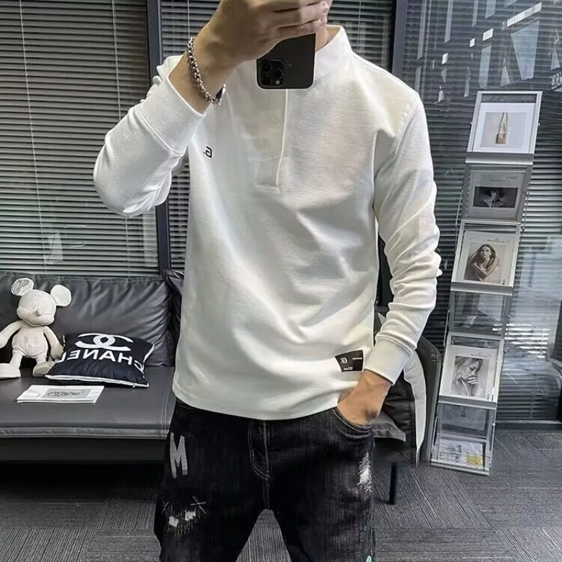 Men's 2023 Spring and Autumn New Korean Edition Solid Color Long Sleeve Stand Collar Printed Embroided Pullover Hoodie Slim Tops