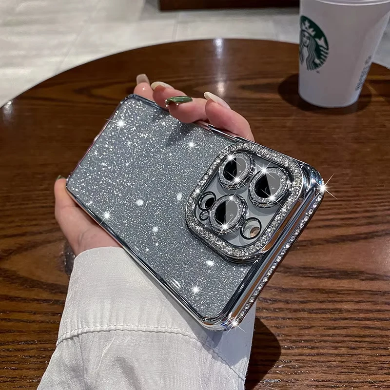 Luxury Plating Bling Glitter Diamond Rhinestone Case For iPhone 16 Pro Max 15 14 13 12 11 X XS 8 Plus Soft Silicone Clear Cover for phone case,iphone case
