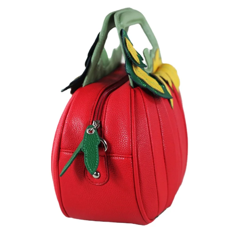 New leather women's bag in spring and summer Handheld one shoulder messenger bag Small round Pumpkin creative