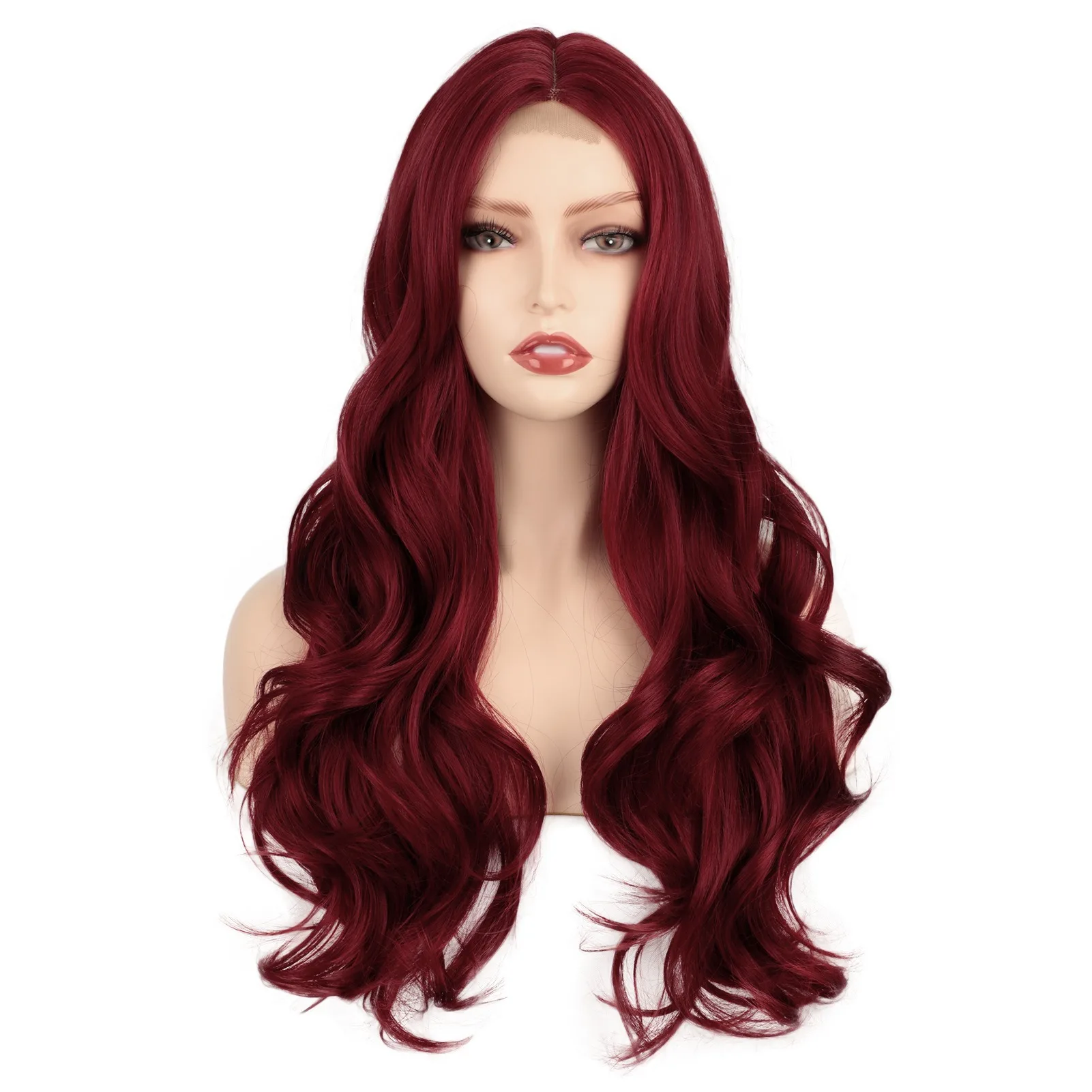 Perruque Lace Front Synthétique Sans Colle pour Femme, Rouge Vin, Vague de Corps Longue, Bouclée, Partie Moyenne, Surbrillance Moelleuse, Transparente, 24 Pouces