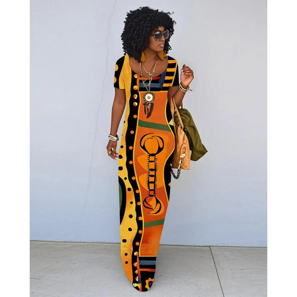 Vestido africano con estampado étnico para mujer, vestido ajustado literario Retro de verano, vestido largo holgado de manga corta para viajes diarios a la moda 1