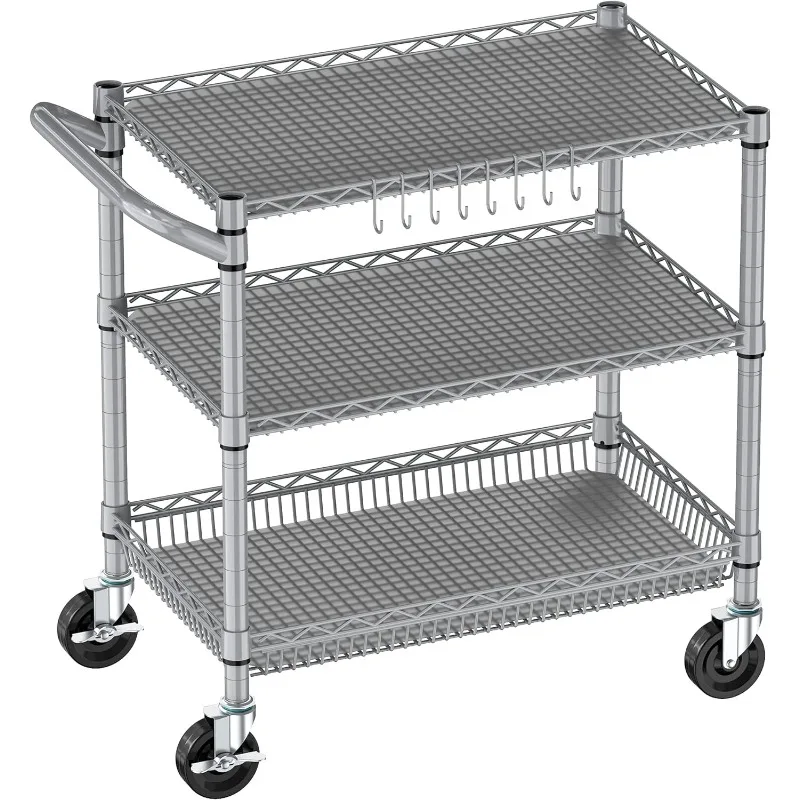

3 Tier Rolling Cart Heavy Duty, Utility Cart with Wheels Commercial Grade Wire Kitchen Storage Trolley Metal Cart Organizer