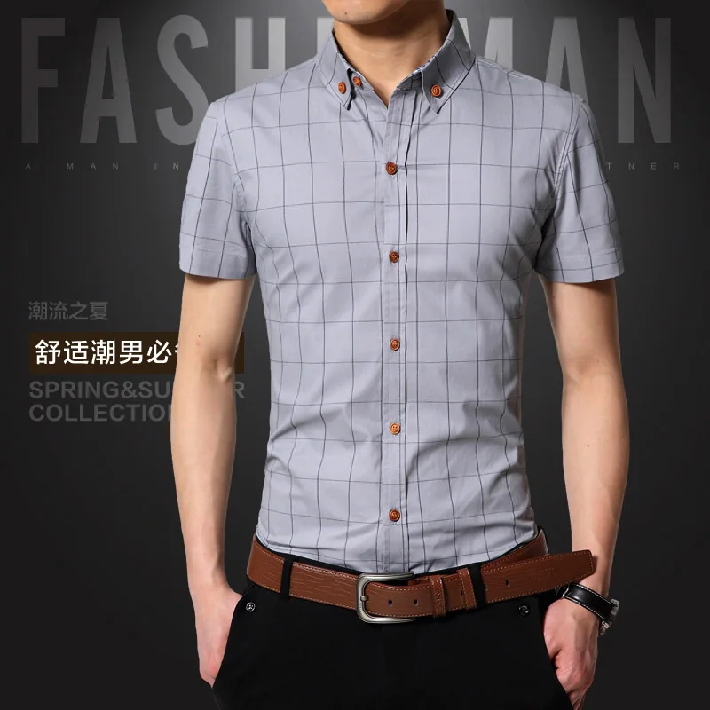 Men Short Sleeve Shirts Plus Size M-5XL Cotton Plaid Casual Slim Fit Striped