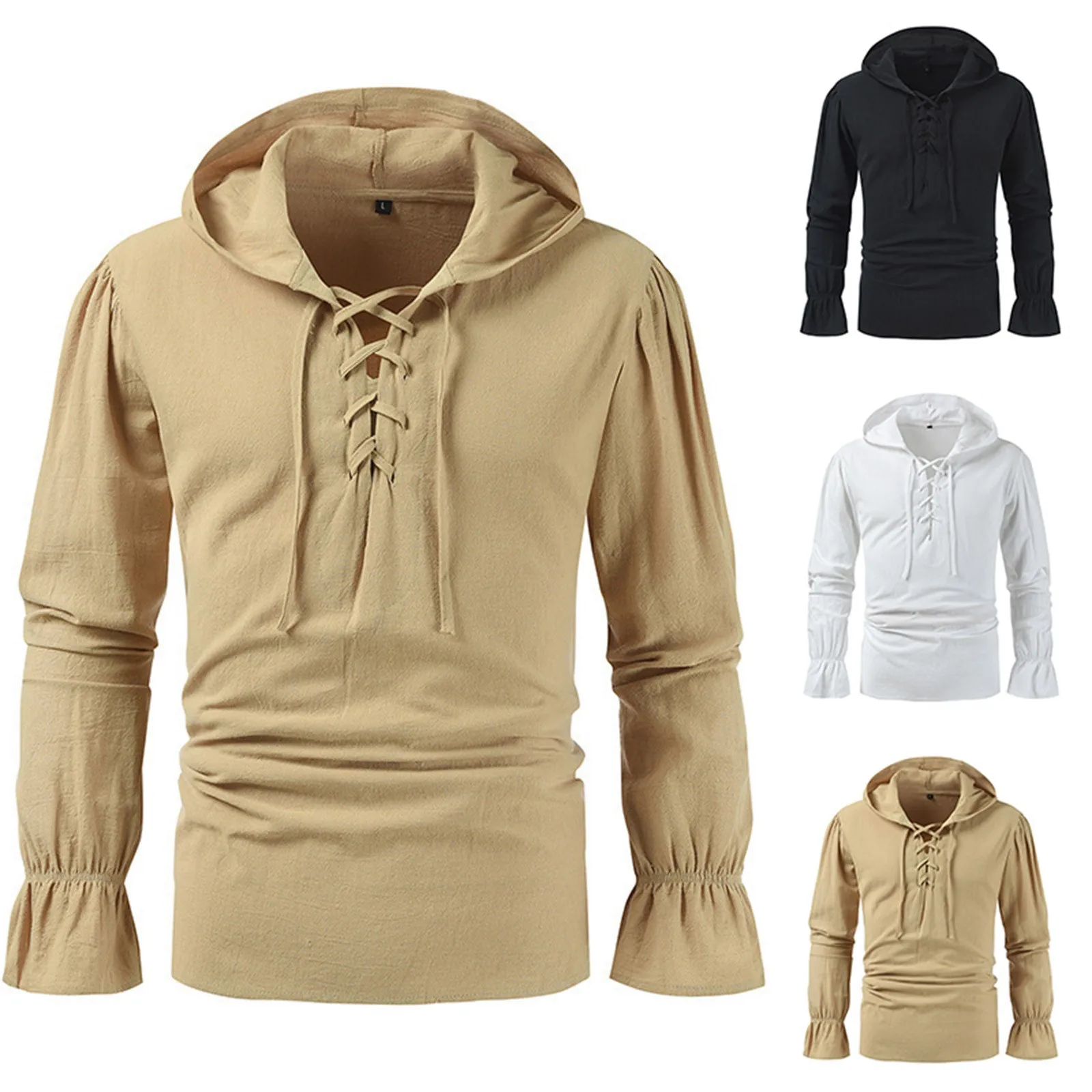 

Men'S Cotton Linen Vintage Hooded Sweatshirts Autumn Ruffles Long Sleeved Casual Medieval Hoodies Party knight Blouse Pullover