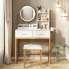 Vanity Makeup Desk with Round Mirror, Lights and 2 Drawers, 3 Lighting Modes, Small Vanity Table for Bedroom with Lots Storage 1
