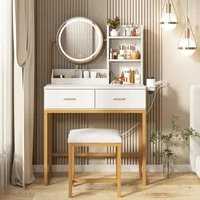 Vanity Makeup Desk with Round Mirror, Lights and 2 Drawers, 3 Lighting Modes, Small Vanity Table for Bedroom with Lots Storage 1