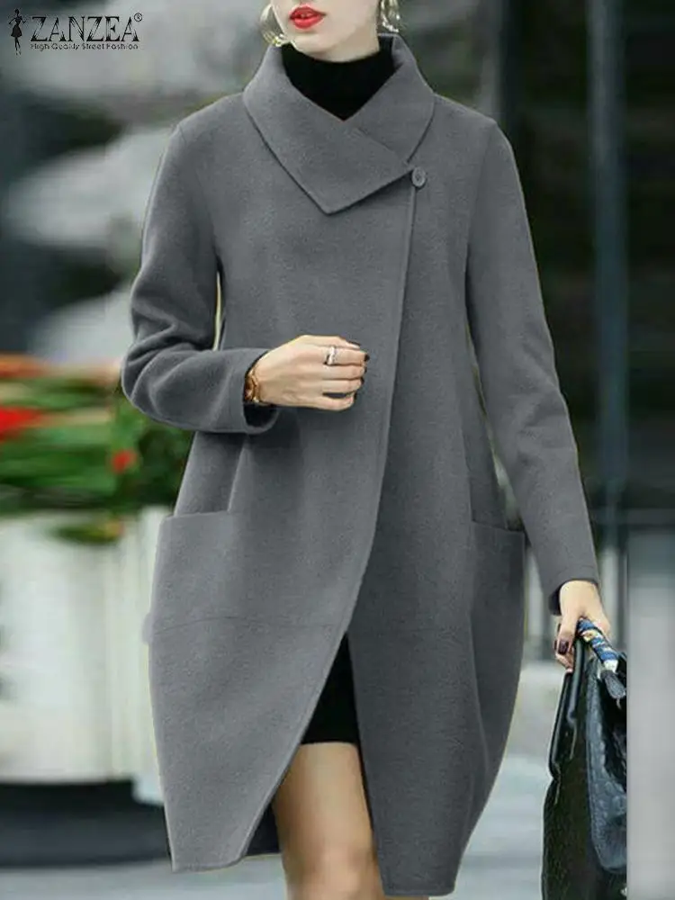 

2023 Fall Winter Lapel Overcoat ZANZEA Women Loose Woolen Coat Fashion Long Sleeve Outwears Vintage Pockets Solid Parka Coats