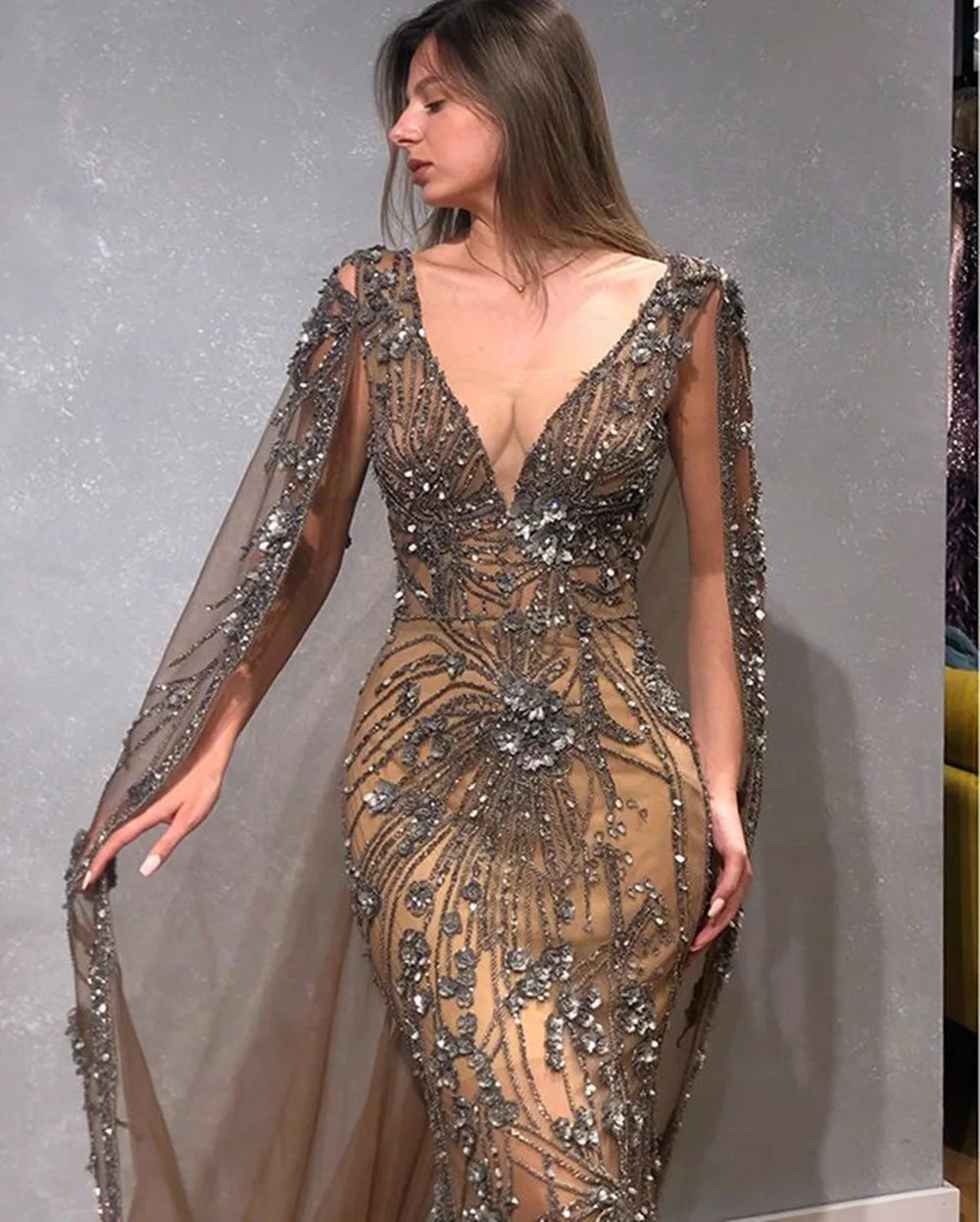 Crystal Rhinestones Mermaid Evening Dresses With Long Cape Luxury Beaded  Long | eBay