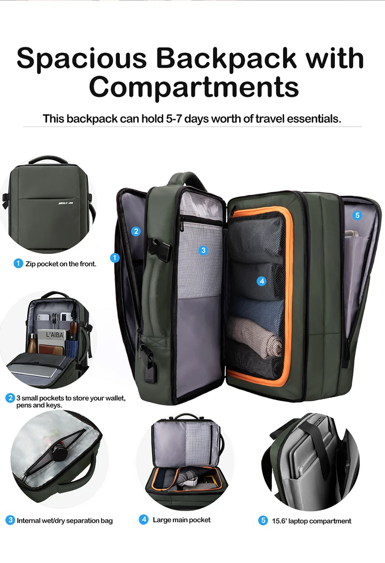 HcanKcan Erweiterbarer Herrenrucksack, wasserdicht, 15,6 Zoll, Laptoptasche, großes Fassungsvermögen, Wander-Reisetasche, Business-Rucksack, lässiger Tagesrucksack – Detail 8