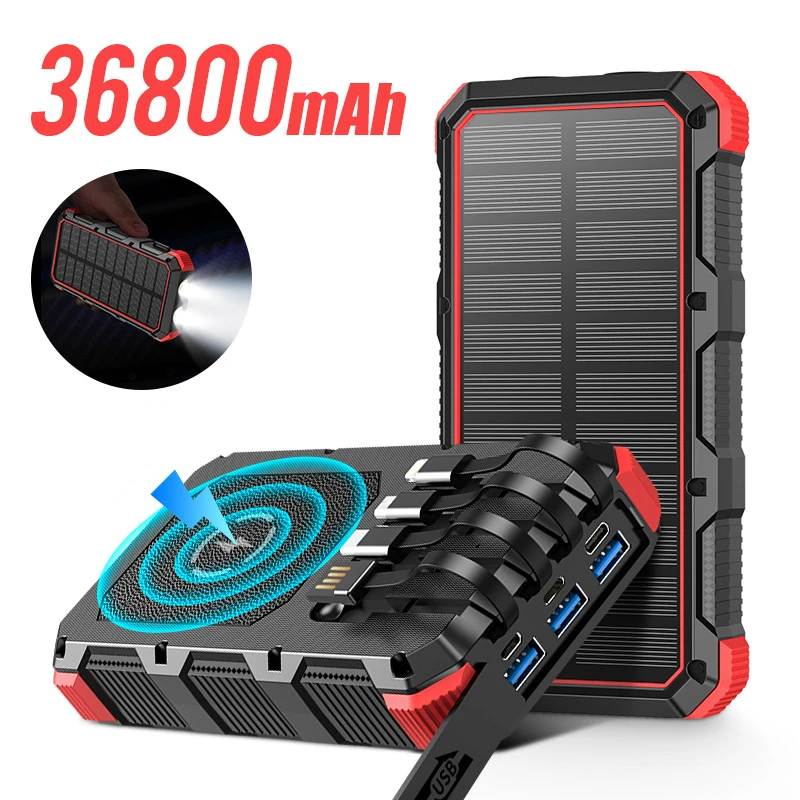 36800mAh Solar Power Bank Wireless Charging Poverbank Built in Cable for Xiaomi Samsung iPhone