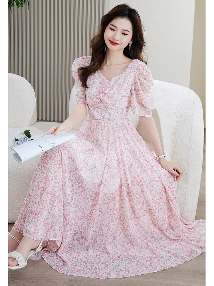 

Summer Pink Print Chiffon Short Sleeve Casual Dress Women Elegant V-Neck Boho Beach Style Dress 2024 Bodycon Party Midi Vestidos