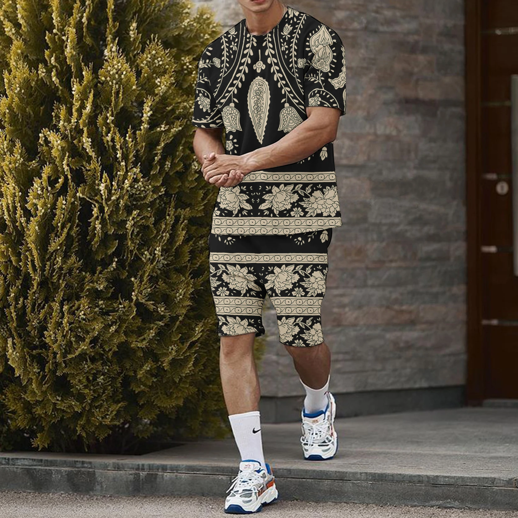 

2023 Summer New Men's Short Sleeve T-shirt Shorts 2 Piece Fashion Cashew Flower 3D Print Sports Leisure Beach Street Large Set