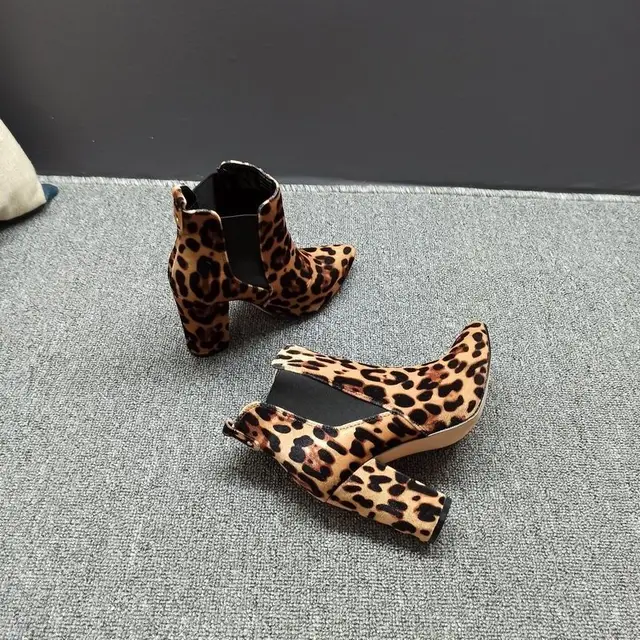 FHANCHU Fashion Leopard Flock Ankle Boots Woman,Autumn/Winter Shoes,Square  High Heels Short Botas,Pointed toe,Dropshipping - AliExpress