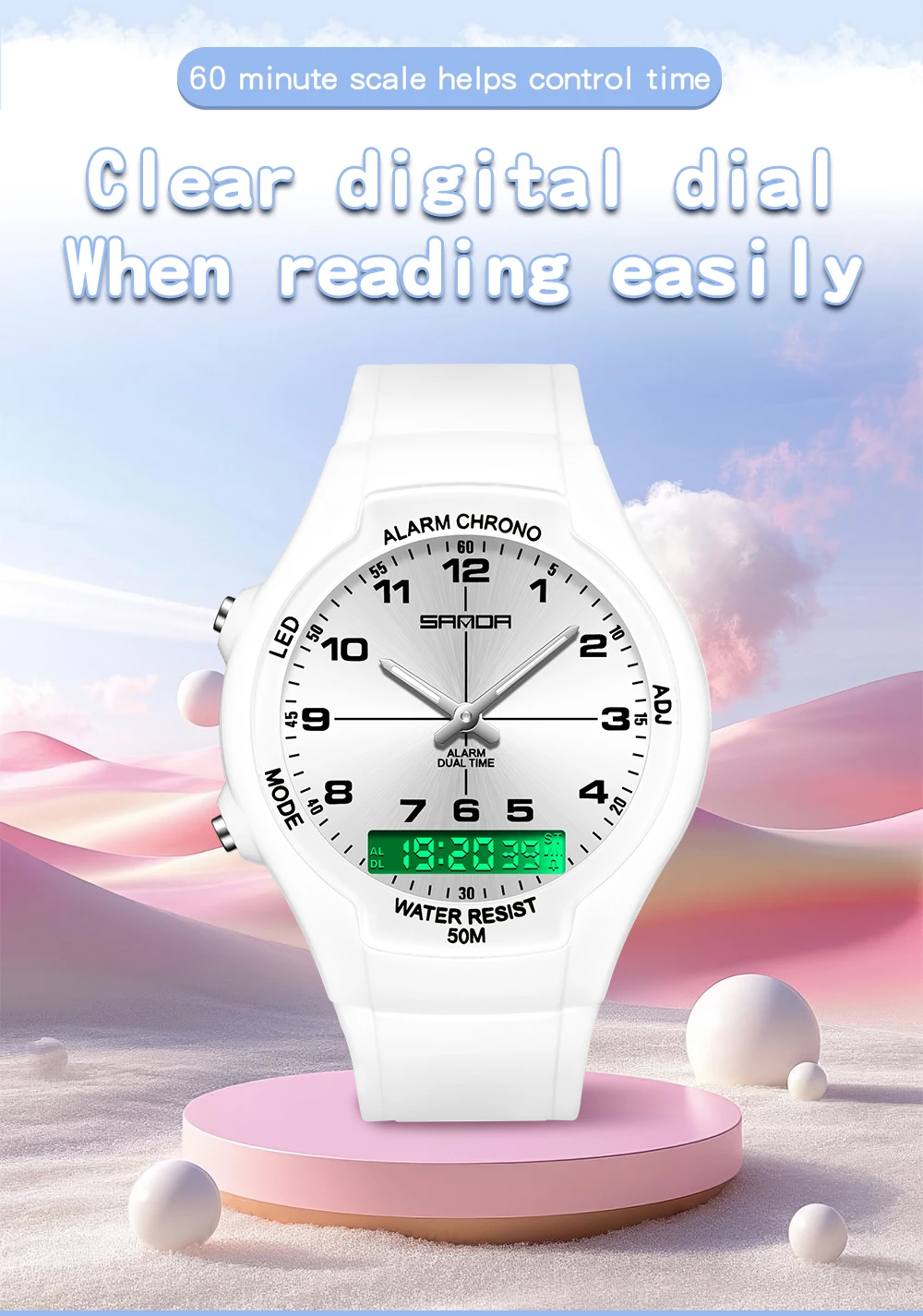 SANDA 6320 Dual Screen Electronic Alarm Clock Watch Fashion Waterproof Men's and Women's Watch Night Light Student Sports Watch