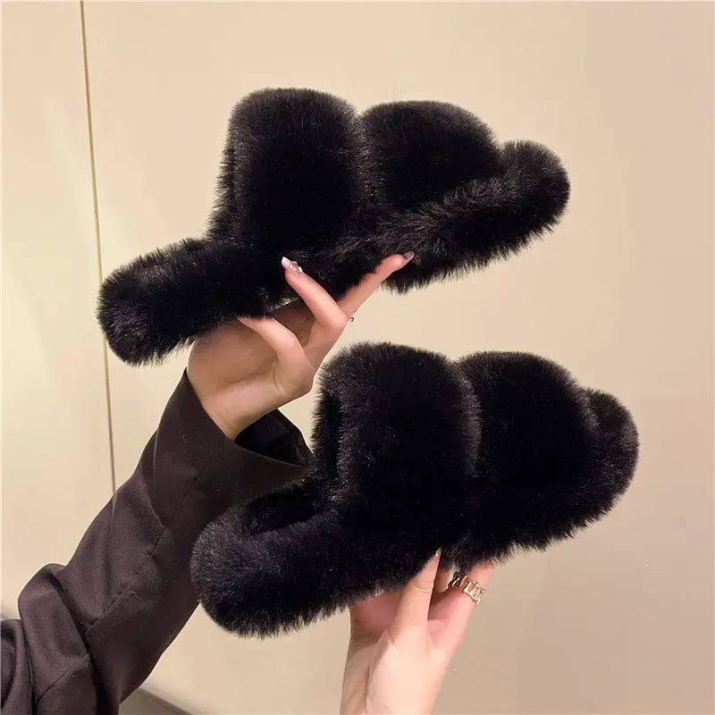 

Шлепанцы женские с мехом, сланцы из ПУ кожи, плюш, плоская ткань, резина, сланцы, уличные тапочки, зимняя обувь, 2023