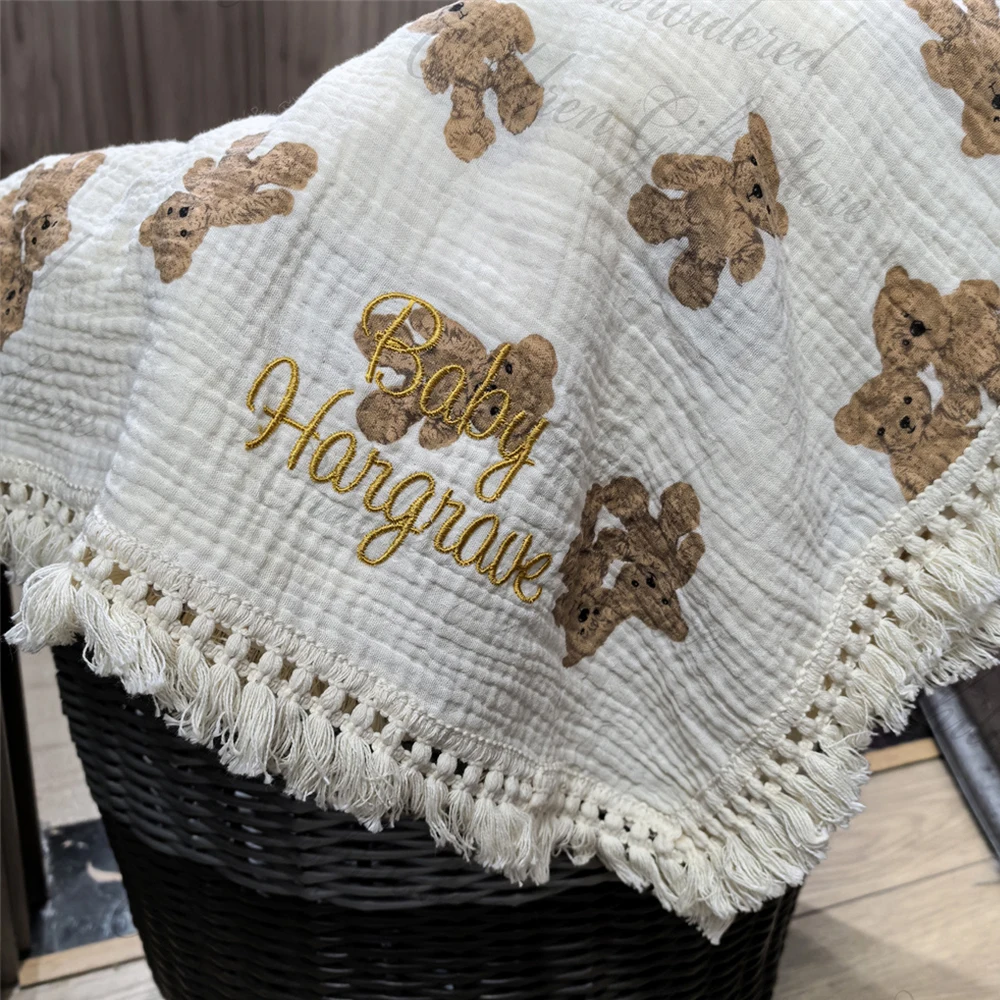 용 맞춤형 이름 귀여운 곰 코튼 담요, 부드러운 술  유모차 커버 담요, 맞춤형 베이비 샤워 선물