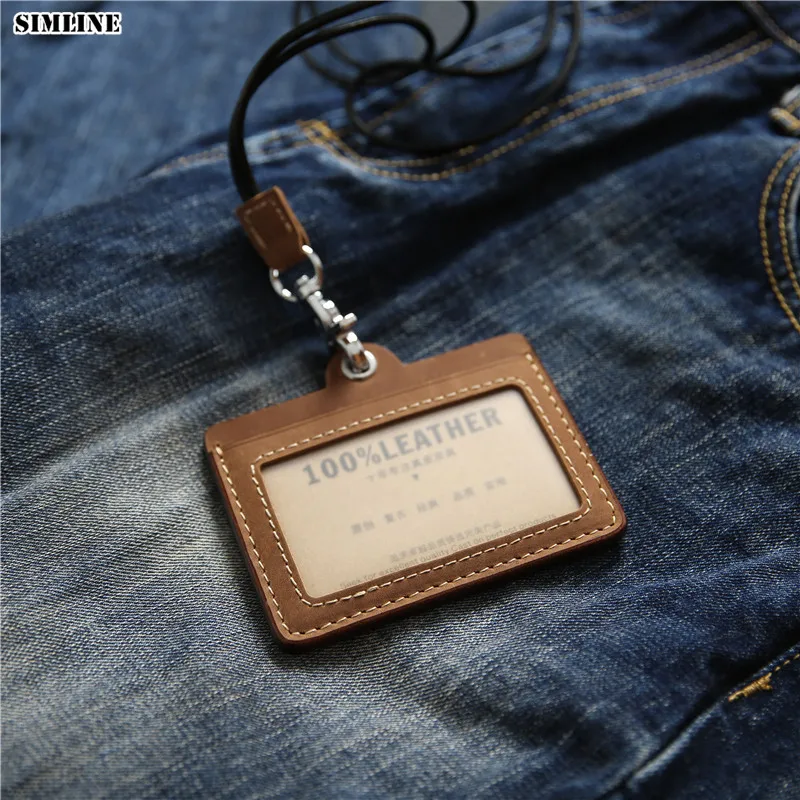 New Fashion ID Badge Holder For Office Work Genuine Leather Luxury Cowhide  Simple Neck Lanyard Vertical Identity Bus Card Bag