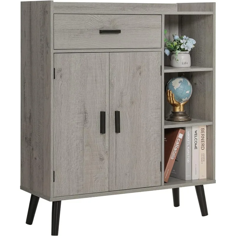 

usikey Storage Cabinet, Floor Storage Cabinet with 1 Drawer, 2 Doors & 3 Shelves, Mid Century Cabinet, Accent Cabinet