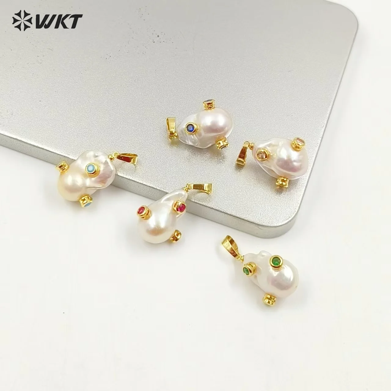 WT-MP138 WKT Natural Pearl & CZ Pendant Irregular Pearl With CZ Charm Women Fashion Necklace Women Gift Jewelry Findings 6