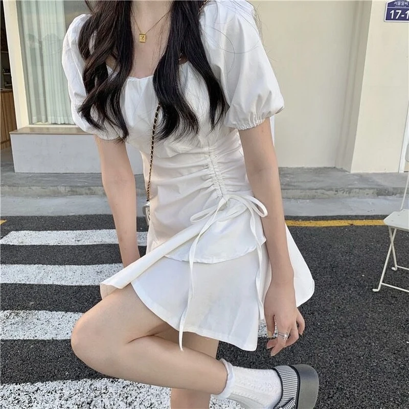 

New Casual Evening Sexy Party Dress Women Fashion French Chic White Mini Dress Short Sleeve Summer Beach Dress Robe 22174