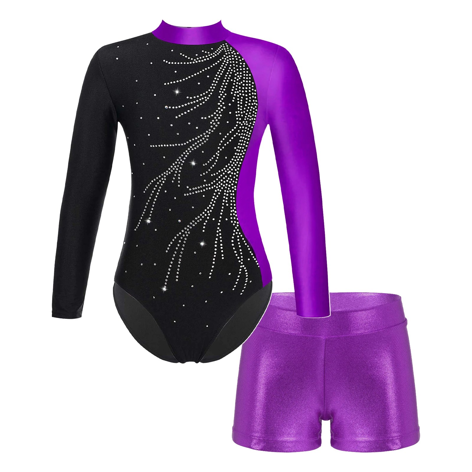 

Kids Girls Ballet Dance Set Shiny Faux Diamonds Leotard with Shorts for Gymnastics Workout Dancewear Figure Skating Performance