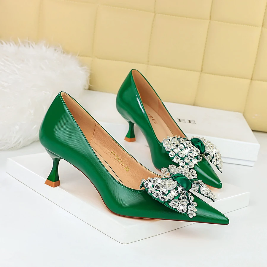 

Women 5.5cm High Heels Pink Pumps Lady Plus Size 34-43 Middle Low Kitten Heels Bling Crystal Rhinestone Party Office Bow Shoes