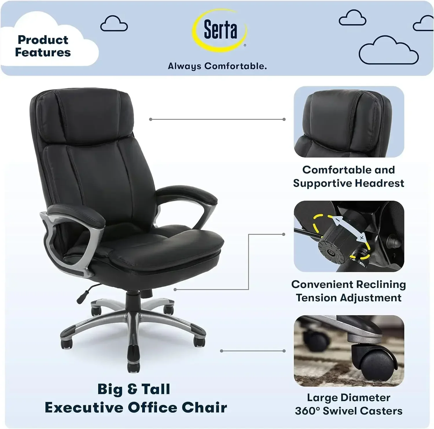 NEW-Fairbanks Big and Tall High Back Executive Office Ergonomic Gaming Computer Chair with Layered Body Pillows