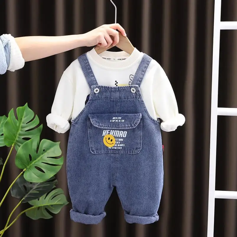 

Spring Autumn children baby clothing Toddler boy girl outfits print letter pullover hoodies tops and Pocket denim suspenders