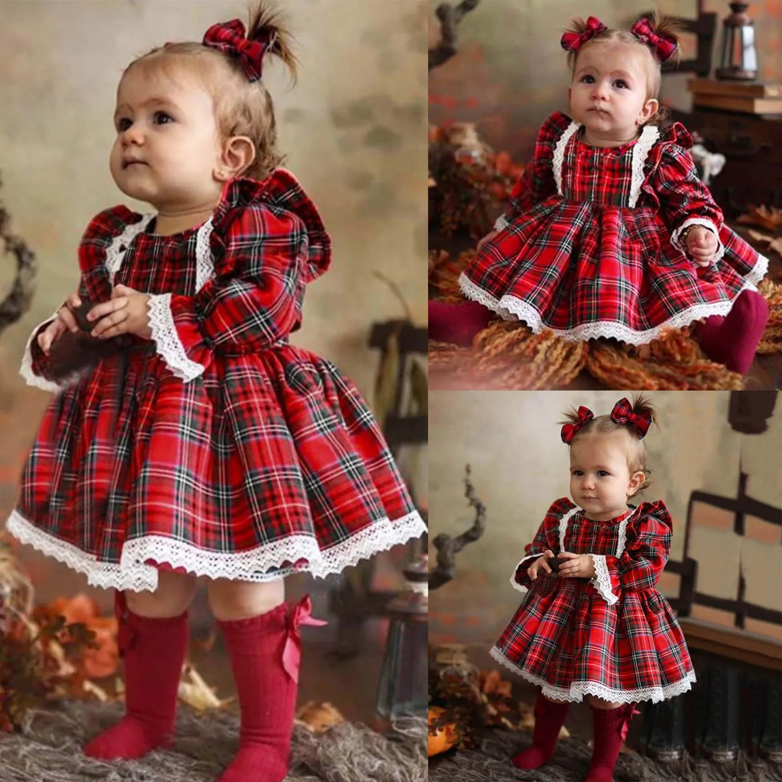2023ChristmasToddlerKidsBabyGirlPrincessDressRedPlaidRuffles