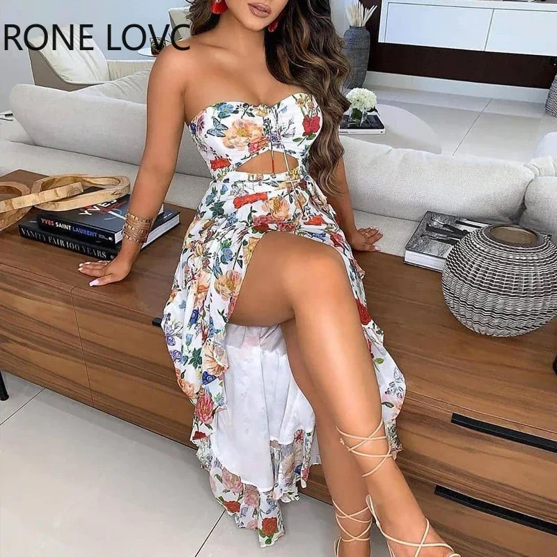 

Women Bandeau Floral Butterfly Print Cutout High Slit Dress Bodycon Dress