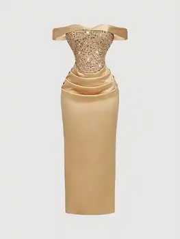 Champagne Sequin Off-Shoulder Ruched Midi Dress 1