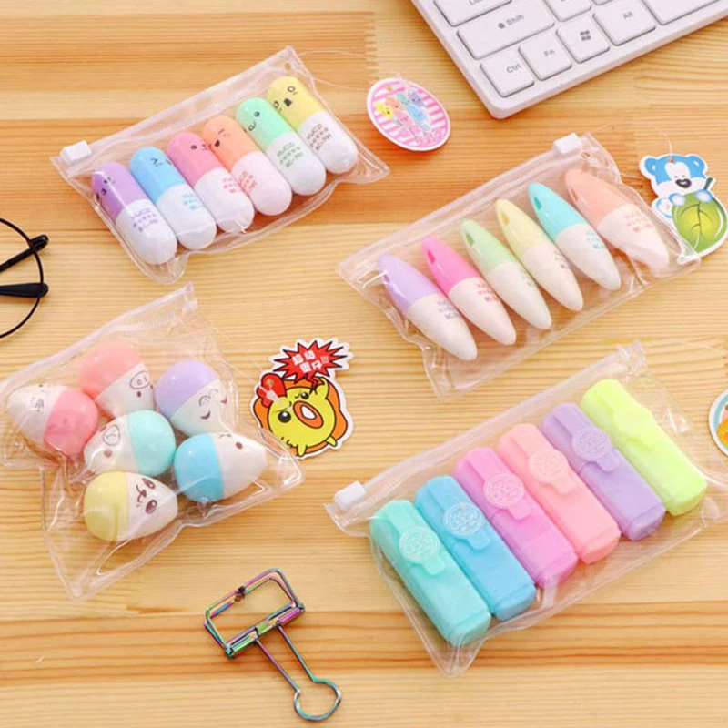 6Pcs/Set Highlighter Pen Creative Cartoon Mini Kawaii Markers Fast Dry Pastel Art Drawing Pens School Stationery Office Supplies