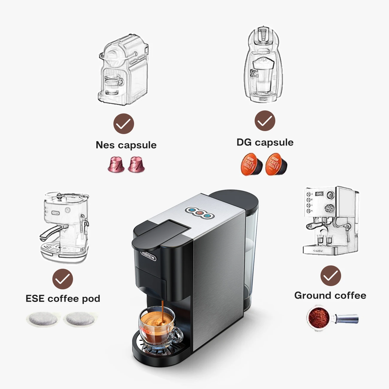 HiBREW Coffee Machine 4in1 Multiple Capsule Espresso Dolce Milk&Nespresso&ESE Pod&Powder Coffee Maker Stainless Metal Outook H3 espresso maker coffee maker