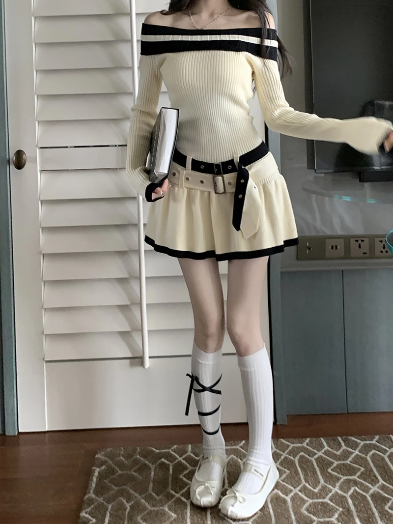 Y2K Slim Casual Knitted Mini Dresses Women Off Shoulder Elegant Korean Fashion Short Party Dress with Belt Autumn New Clothing