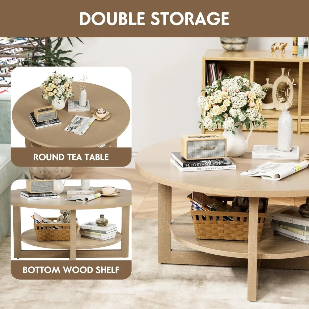 2-Tier Solid Wooden Circle Coffee Table for Living Room, Circular Rustic Farmhouse Coffee Table with Storage Shelf 5