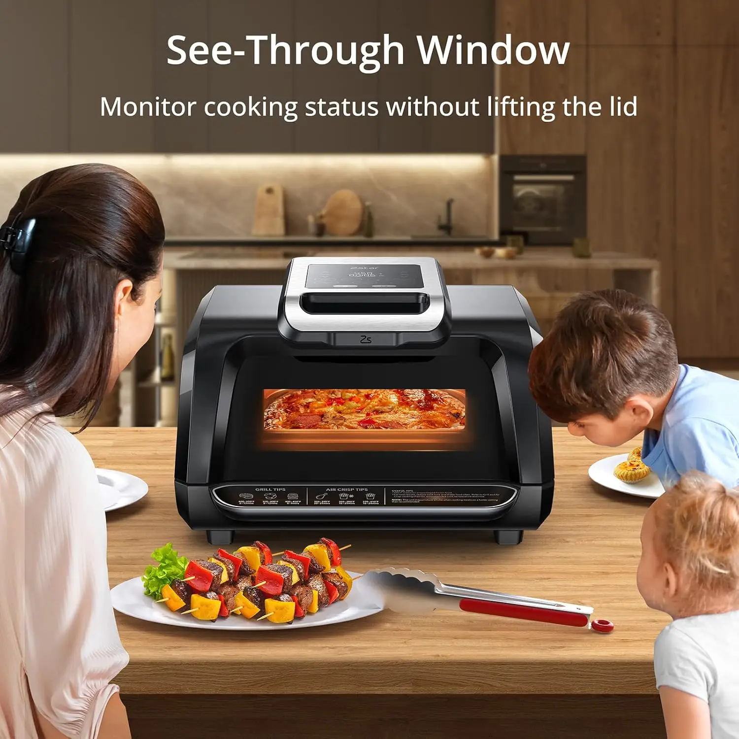 7-in-1 Smokeless Indoor Electric Air Grill Fryer Combo with See-Through Window Removable Plates,up to 450°F,1750W,Even Heat,4Qt 3