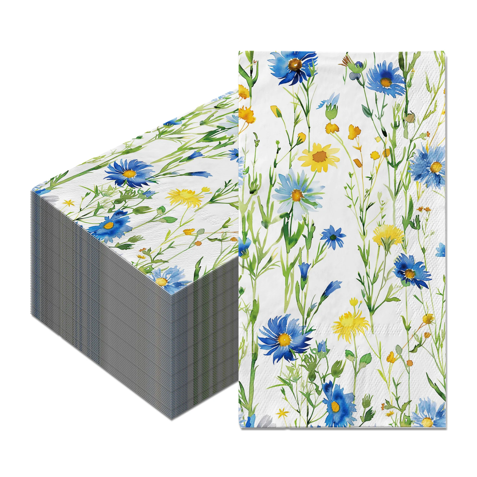 100PCS Fresh Style Spring Blue Yellow Wildflower Paper Napkins 2-Ply 34*40cm Disposable Hand Guest Napkins For Wedding Party