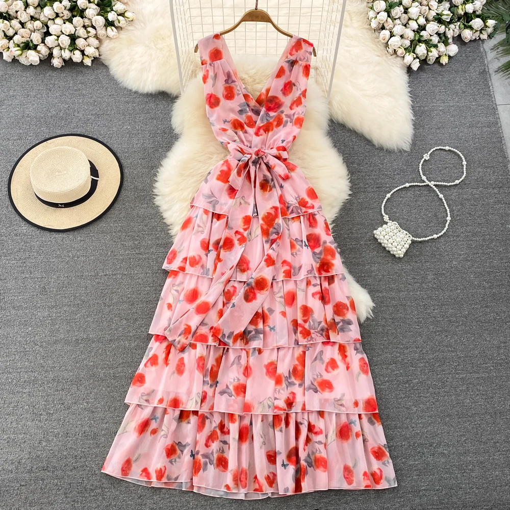 

2023 New Fashion Pink Floral Beach Chic V Neck Summer Cake Maxi Dresses Women Sleeveless Party Dress Hanging Neck Lace Up Robes