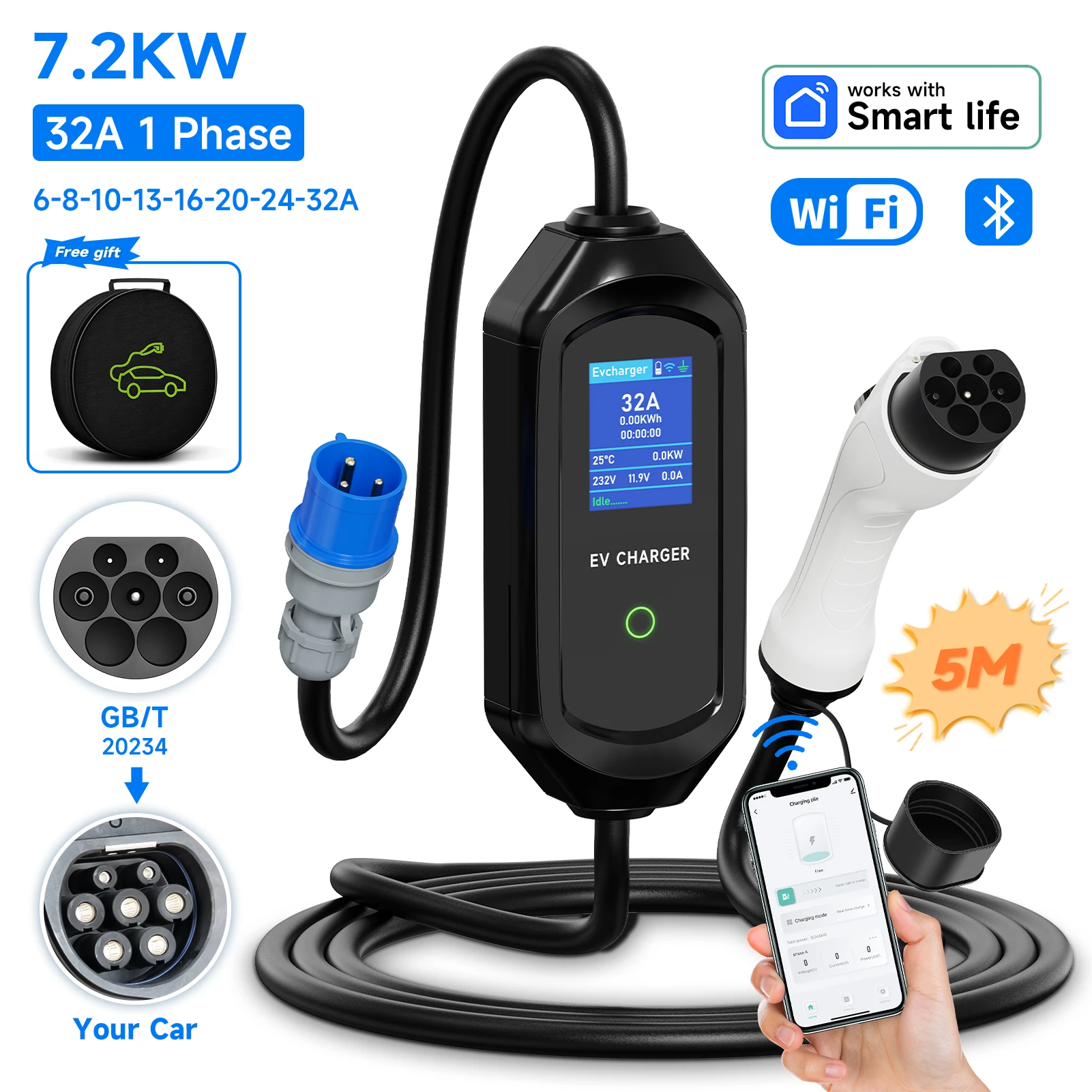 GB/T portable EV charger complete kit with accessories